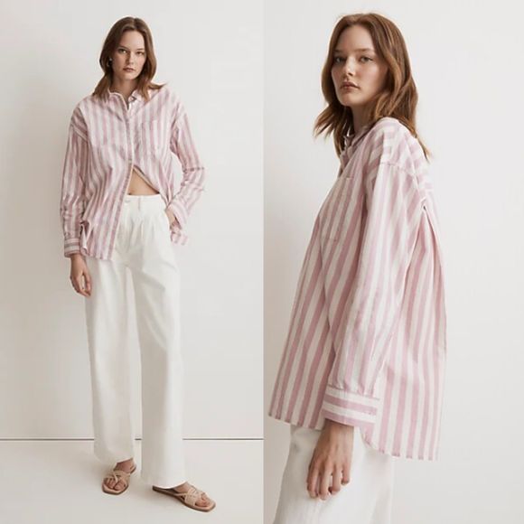 Madewell Tops - Madewell The Signature Poplin Oversized Shirt Womens Tunic Blouse Pink Large NWT